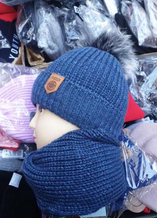 Комплект набор детский на флисе шапка с помпоном + шарф.2 фото