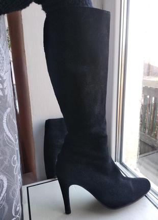 Сапоги высокие женские туфли на высоком каблуке натуральная замша черные4 фото