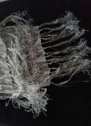 Ажурный бледно салатный шарф- галстук шарф-скинни с кистями жатка2 фото