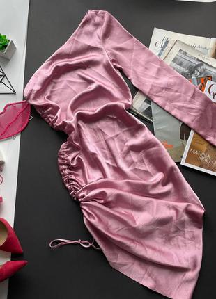 👗соблазнительное розовое платье на одно плечо/розовое платье миди со сборками на один рукав👗5 фото