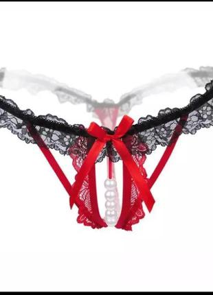 Трусы с жемчужной нитью и разрезом, цвет красный + черный - размер универсальный (на резинке)