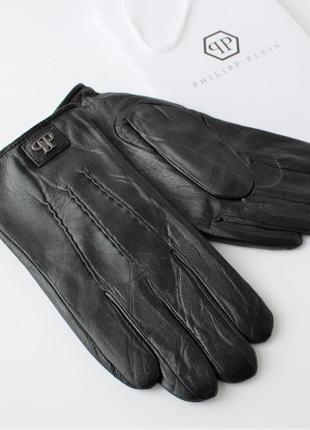 Мужские кожаные перчатки p.p. подкладка махра чёрные