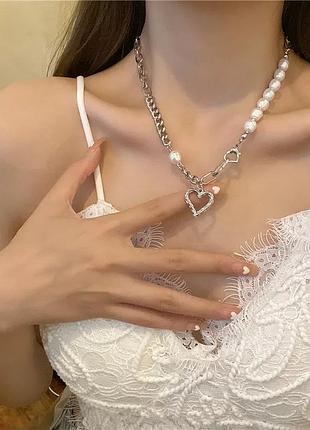 Цепь жемчуг сердце цепочка колье ожерелье жемчужная подвеска сердечко