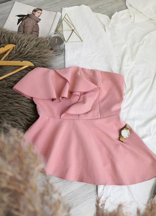 Розовая нарядная блуза бюстье на грудь с рюшами и баской2 фото