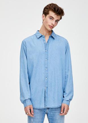 Сорочка блакитна довгий рукав джинсова бавовняна на ґудзиках pull&amp;bear