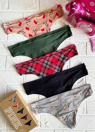 Труси стрінги, набір з 5-ти трусиків victoria's secret pink оригінал, комплект трусів стрінги
