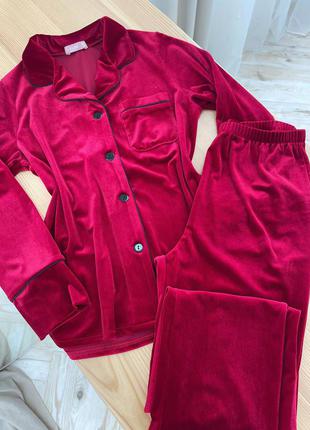 Оксамитовий бордовий костюм велюровий для будинку сорочка зі штанами, піжама3 фото
