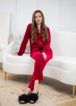 Оксамитовий бордовий костюм велюровий для будинку сорочка зі штанами, піжама5 фото