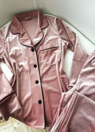 Оксамитовий велюровий пудровий костюм для будинку сорочка зі штанами, піжама3 фото