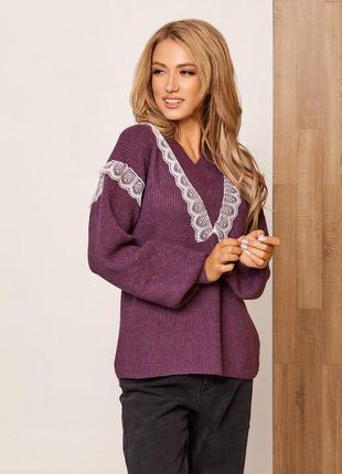 Фіолетовий вовняний пуловер з мереживом1 фото