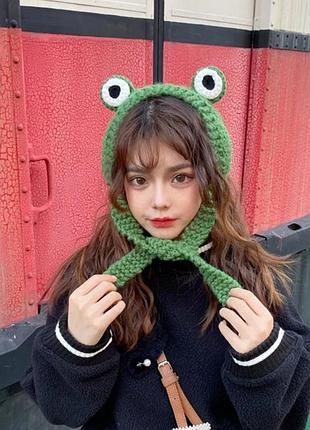 Повязка теплая вязаная лягушонок пепе (жабка, лягушка, жаба), унисекс