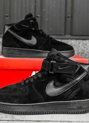 Зимние мужские кроссовки на меху nike air force 1 mid, черные (найк аир форс, кроссівки зимові)