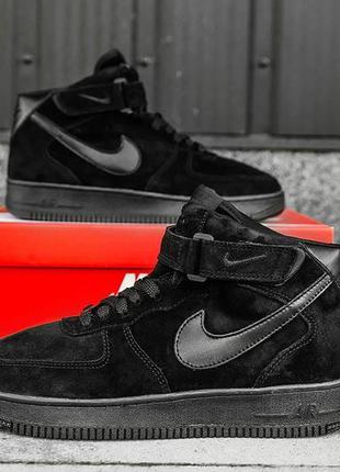 Зимние мужские кроссовки на меху nike air force 1 mid, черные (найк аир форс, кроссівки зимові)