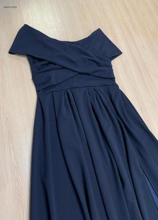 Темно- синее вечернее платье с разрезом3 фото