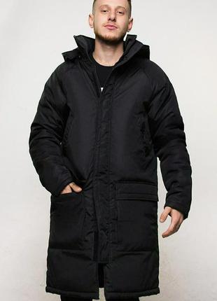 Пуховик парка куртка мужская удлиненная черная / пуховік курточка чоловіча подовжена чорна8 фото