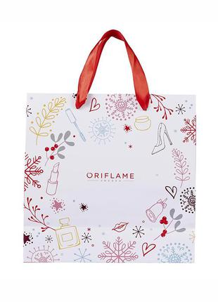 Жіночий подарунковий пакет мода oriflame оріфлейм сніжинки косметика зимовий принт 527110 новорічний