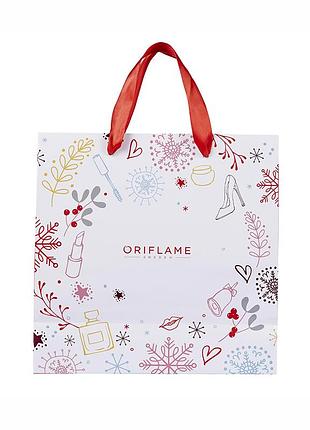 Женский подарочный пакет мода oriflame орифлейм снежинки косметика зимний принт 527110 новогодний