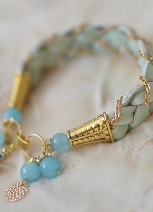 Плетений шкіряний браслет з кварцом "хрестик"