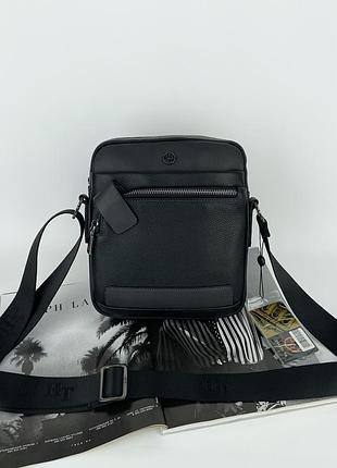Мужская кожаная сумка мессенджер на и через плечо на два отделения h.t. leather черная
