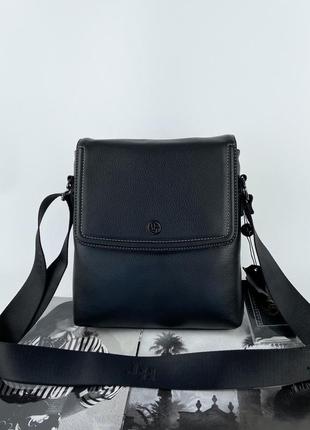 Мужская кожаная сумка мессенджер через плечо на три отделения h.t. leather черная