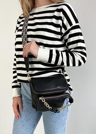 Женская кожаная сумка через плечо с широким ремешком чёрная