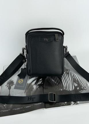 Мужская кожаная сумка через плечо с ручкой на два отделения h.t. leather черная