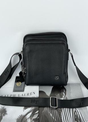 Мужская кожаная сумка на и через плечо на два отделения h.t. leather черная
