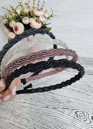 Тонкий обруч из бисера с плетением косичкой / ободок для волос бисерный чёрный4 фото