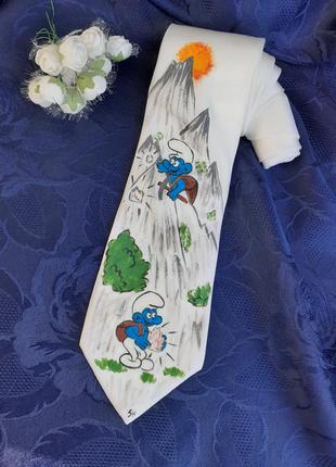 Sonja heiniger! галстук 100% натуральный шелк с ручной авторской росписью батиком смурфики винтаж эксклюзив4 фото