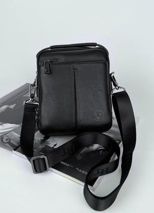 Мужская кожаная сумка на и через плечо на два отделения с ручкой h.t. leather чёрная