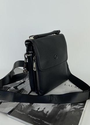 Мужская кожаная сумка мессенджер через плечо на два отделения с ручкой h.t. leather черная5 фото