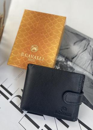 Мужской кожаный итальянский кошелек складной черный b. cavalli