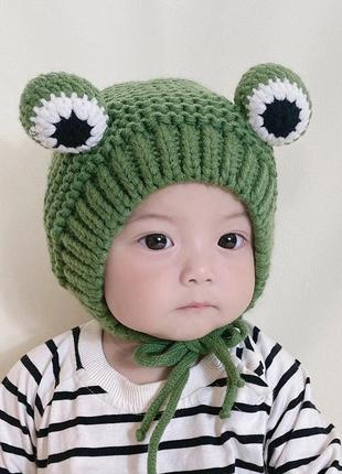 Детская зимняя шапка теплая вязаная лягушонок пепе (жабка, лягушка, жаба), унисекс4 фото