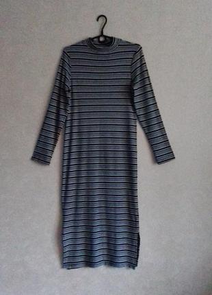 Свободное трикотажное платье миди прямого кроя в рубчик  / довга сукня / длинное платье в полоску1 фото