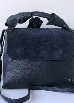 Вместительная кожаная сумка 29386-1 италия с плечевым ремешком темно-синяя2 фото