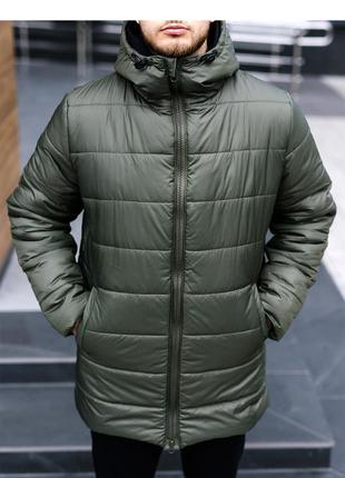 Пуховик куртка мужская теплая удлиненная хаки / пуховік курточка чоловіча тепла подовжена хакі1 фото