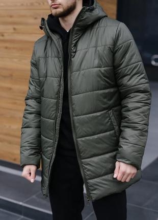 Пуховик куртка мужская теплая удлиненная хаки / пуховік курточка чоловіча тепла подовжена хакі2 фото