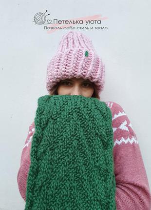 Модный объёмный комплект зеленый снуд и розовая шапка, handmade7 фото