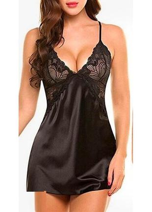 Черный женский эротический пеньюар с кружевными чашками и вставками "единственная" с открытой спиной