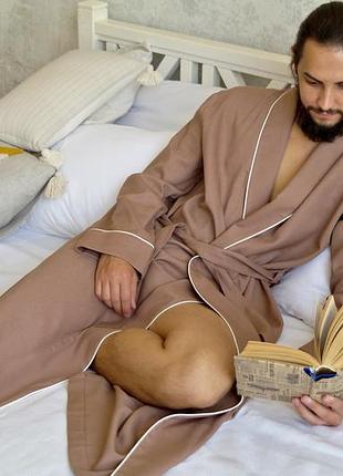 Чоловічий халат з натурального льону з кантом, лляний чоловічий халат