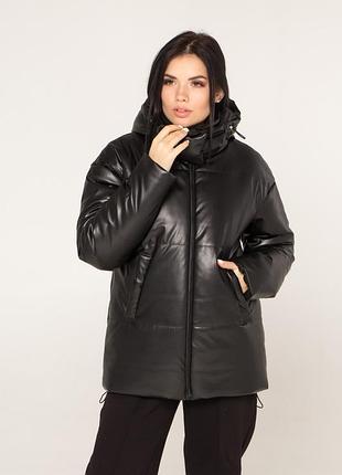 Популярний жіночий укорочений пуховик з матовою еко-шкіри, розміри від s до 2xl