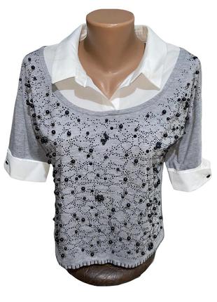 Стильная серая женская кофта блуза с бусами1 фото