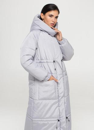 Зимова сіра куртка подовжена максі з плащової тканини з затяжками, розмір оверсайз від s до 3xl2 фото
