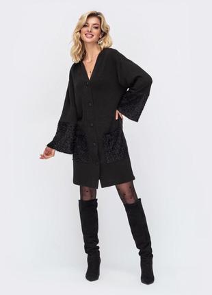 Супер стильное чёрное тёплое платье в деловом вечернем стиле мини до колен кофта кардиган на пуговицах3 фото