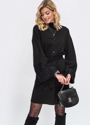 Супер стильное чёрное тёплое платье в деловом вечернем стиле мини до колен кофта кардиган на пуговицах2 фото