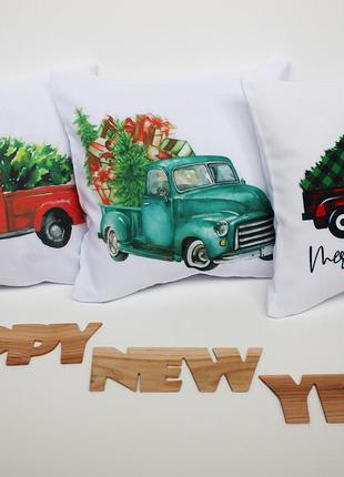 Новогодняя подушка киев, подушка красная машина с елкой, подарок на новый год