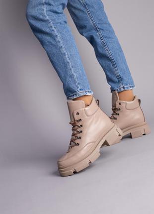 Кожаные женские бежевые ботинки на шнуровке,осень-зима3 фото
