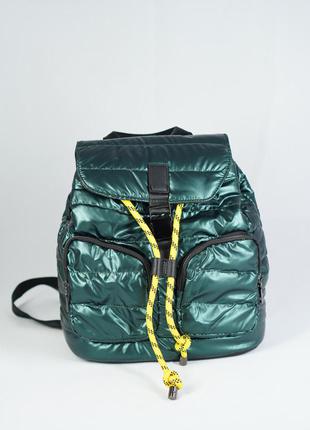 Зелений болоньєвий стьобаний рюкзак з кишенями2 фото