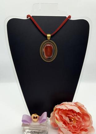 🍁✨ роскошный кулон на шнурке в стиле винтаж "овал" натуральный камень красный агат8 фото