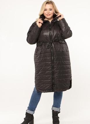 Демісезонна довга куртка чорного кольору з поясом, великих розмірів від s до 5xl